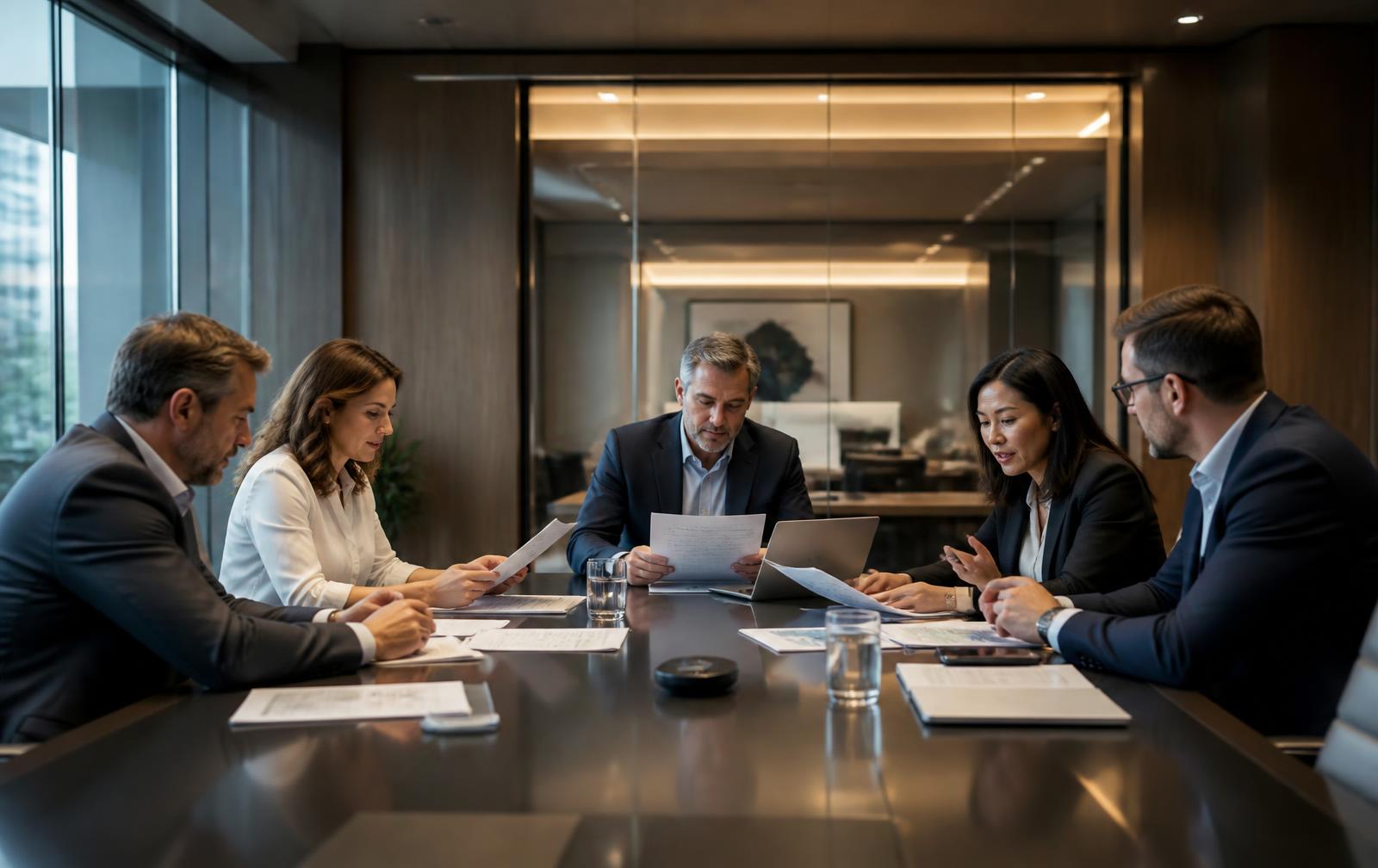 CoreCrest team reviewing supply chain documentation in a corporate boardroom
