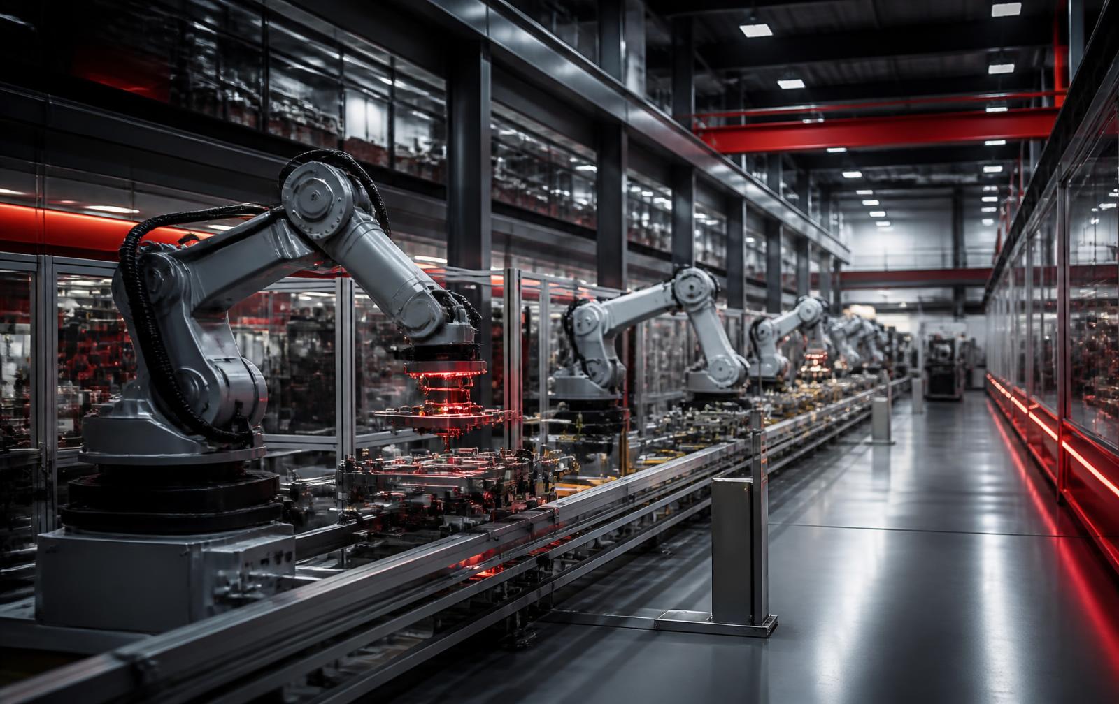 Automated production line with robotic arms inside a modern Chinese smart factory