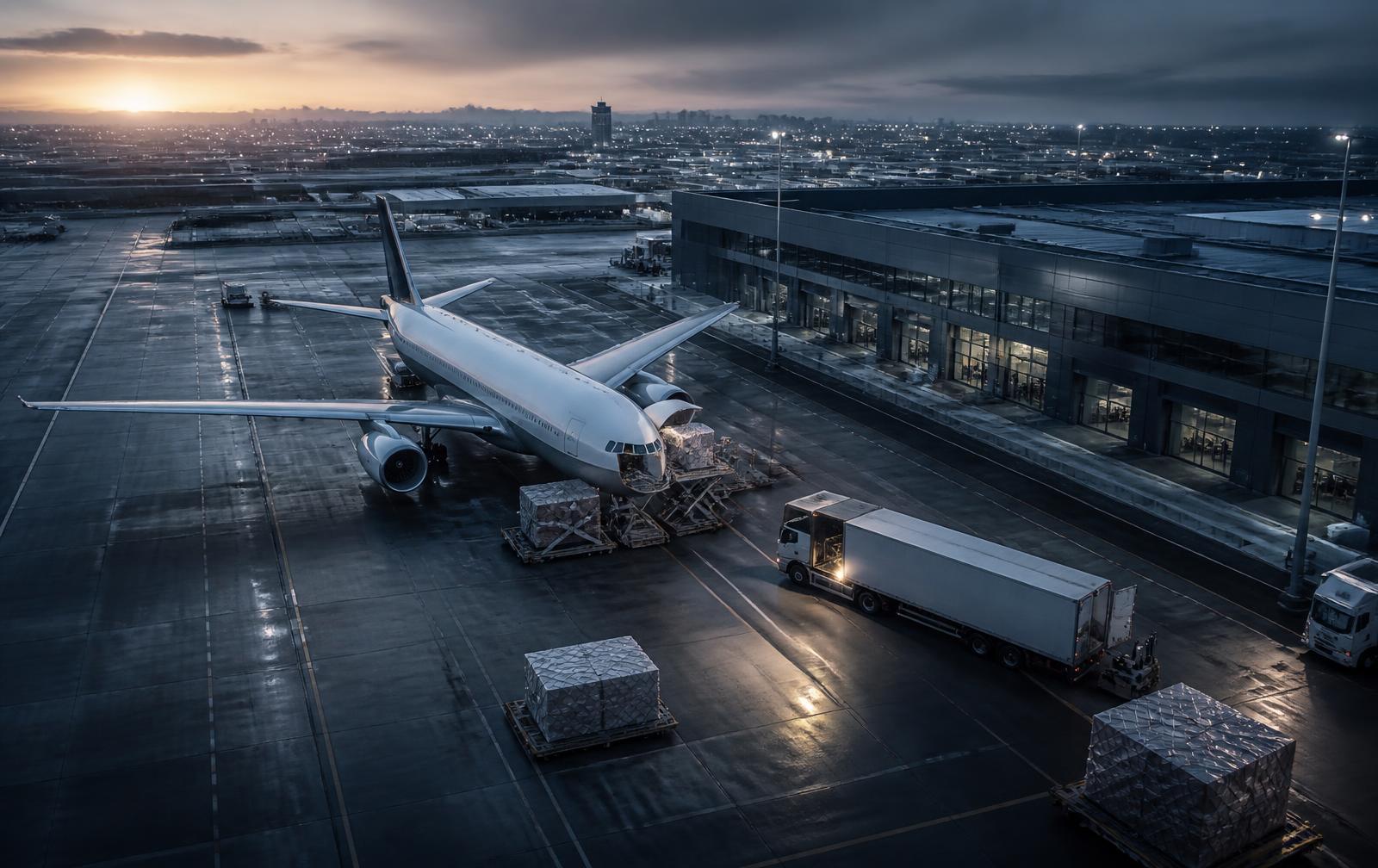 Air cargo and road freight operations at a modern logistics hub